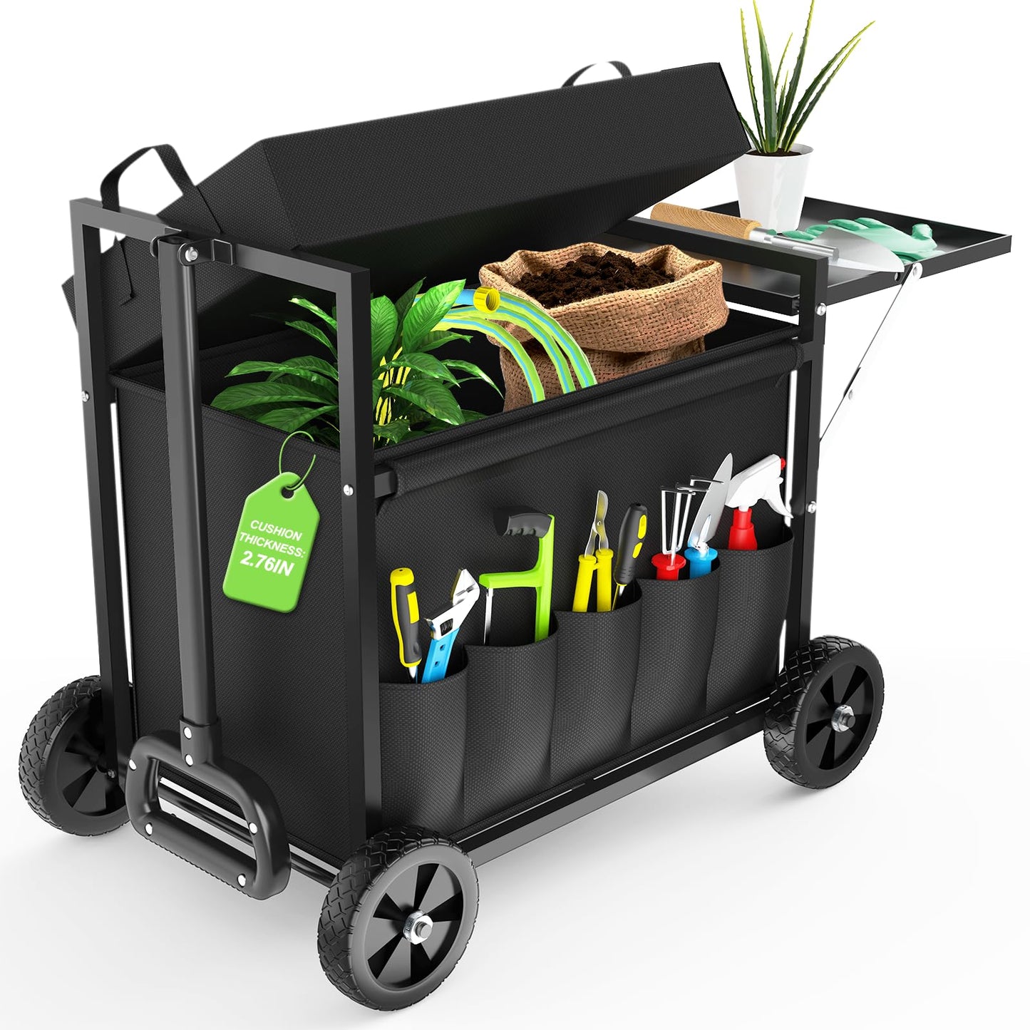 Yacona 2-in-1 Garden Cart with Seat, 350lbs Garden Stool for Seniors with Wheels, Outdoor Rolling Gardening Seat with Side Trays, Black