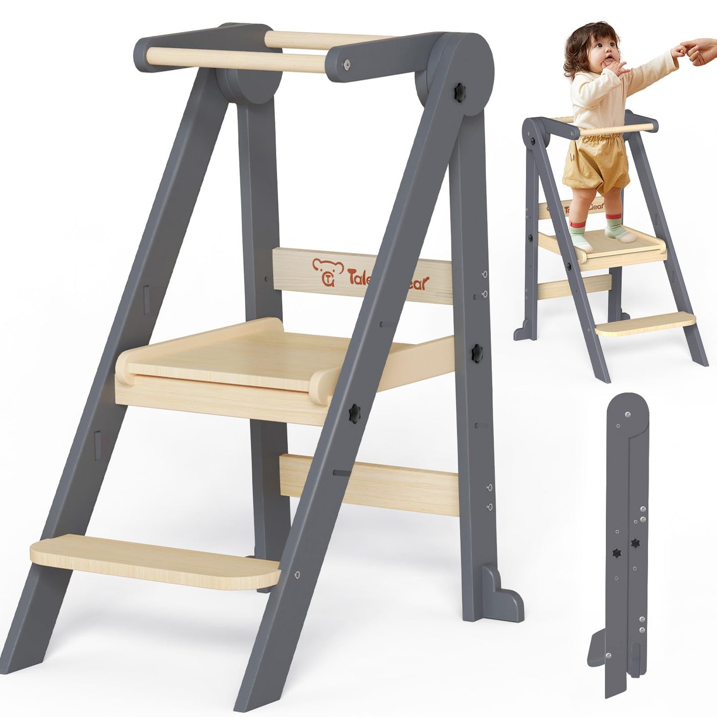 Foldable Toddler Tower, Kitchen Kids Step Stool Helper, Standing Tower with 3 Adjustable Heights, Gray & Nature