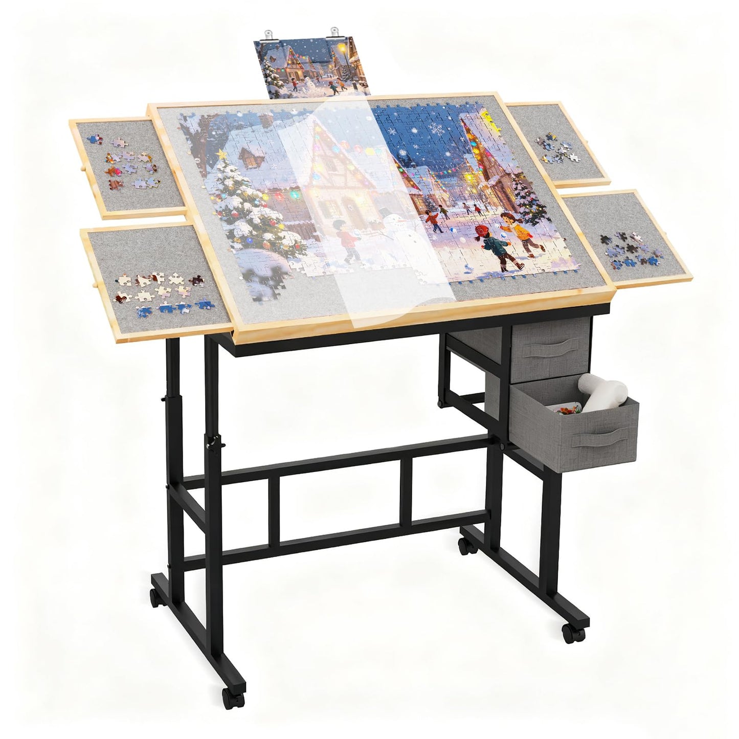 Jigsaw Puzzle Table 1500 Pieces with Drawer and Legs, Five Tilt Angle Adjustable, Portable Puzzle Table for Adults with Protective Cover, Natural&Gray