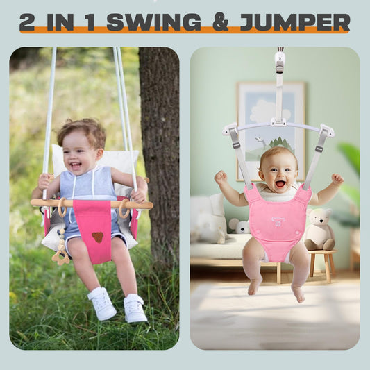 2 in 1 Baby Jumper, Toddler Swing and Bouncer, Indoor Outdoor Baby Swings for Infants, Pink