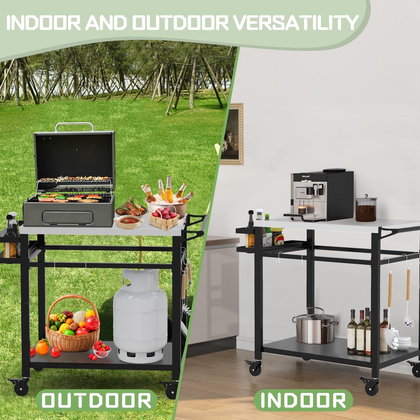 RAXSINYER Grill Table, Movable Grill Cart with Wheels, Outdoor Kitchen Food Prep Table, 32"x 20", Stainless Steel, Black