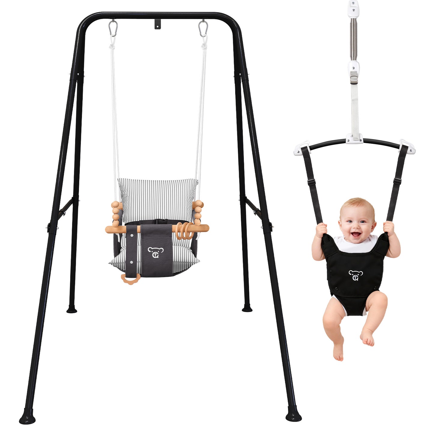 2-in-1 Baby Jumper & Swing - Foldable Stand, Stable Toddler Swing Set for Indoor & Outdoor Use (Black)