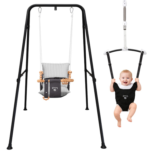2-in-1 Baby Jumper & Swing - Foldable Stand, Stable Toddler Swing Set for Indoor & Outdoor Use (Black)
