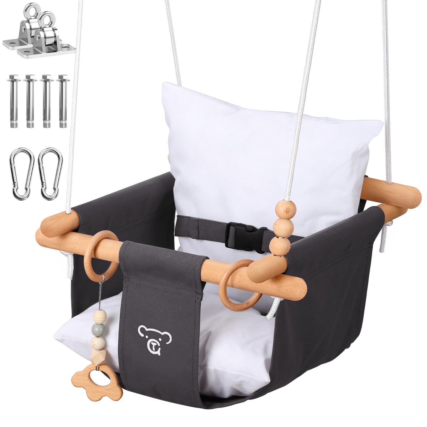 Baby Swing Outside Indoor-Wooden Infant Swing Outdoor, Secure Canvas Baby Hanging Swing Seat Porch Swing Chair for Tree and Backyard for Toddler