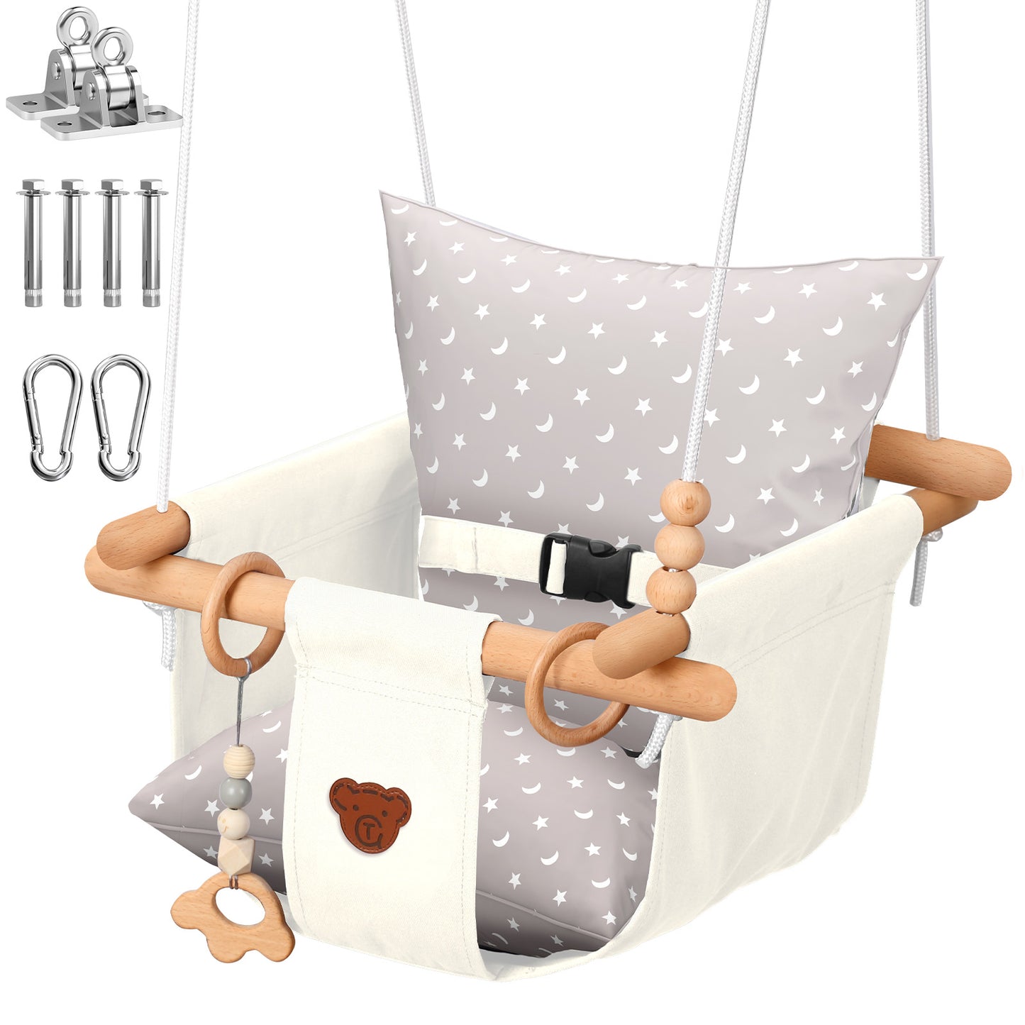 Canvas Baby Swing, Wooden Hanging Swing Seat Chair with Safety Belt, Durable Baby Swing Chair, Outdoor and Indoor Swing for Kids, Mounting Hardware Included, White
