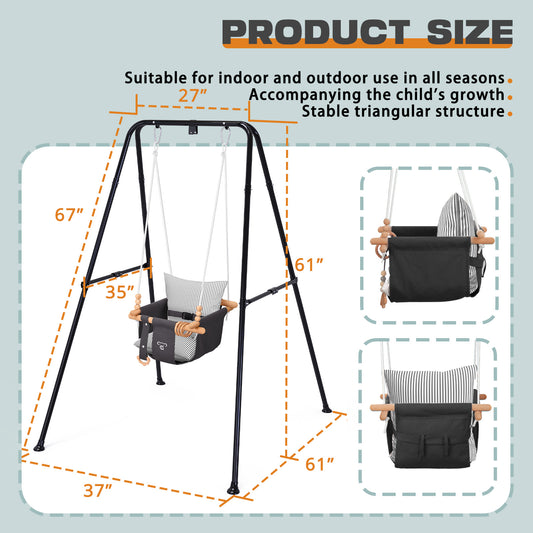 2-in-1 Baby Jumper & Swing - Foldable Stand, Stable Toddler Swing Set for Indoor & Outdoor Use (Black)