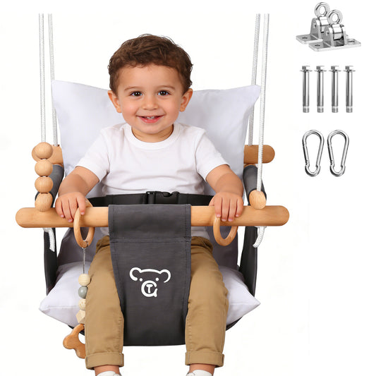 Canvas Toddler Swing, Wooden Baby Swing Seat Chair with Safety Belt, Durable Hanging Swing, Outdoor and Indoor Swing for Kids