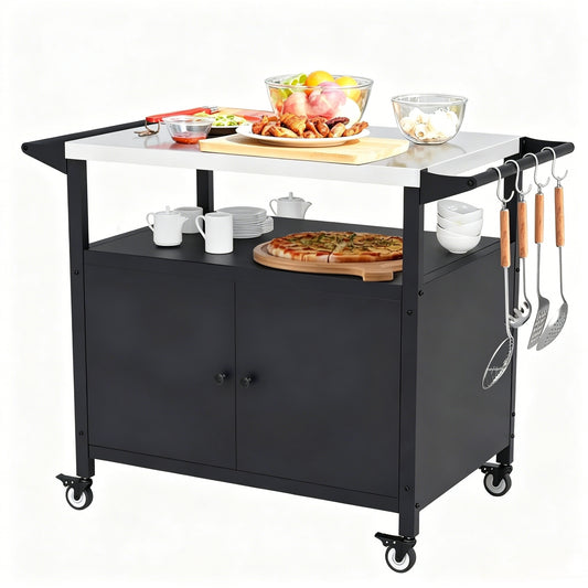 Yacona Outdoor Grill Cart with Storage, Movable Outdoor Kitchen Island with Wheels, Grill Table with Stainless Steel Top for Kitchen Prep