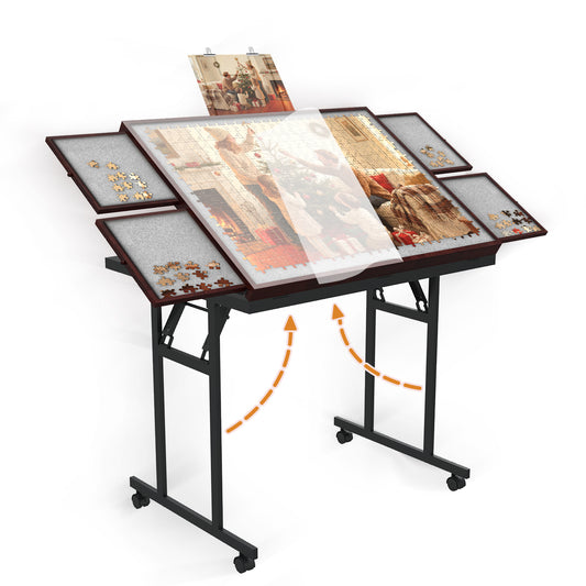 Puzzle Table with Folding Legs, 1500 Pieces Puzzle Table for Adults with Drawers, Cover, Wheels, 5 Adjustable Up Angles Wooden Jigsaw Puzzle Board for All Ages