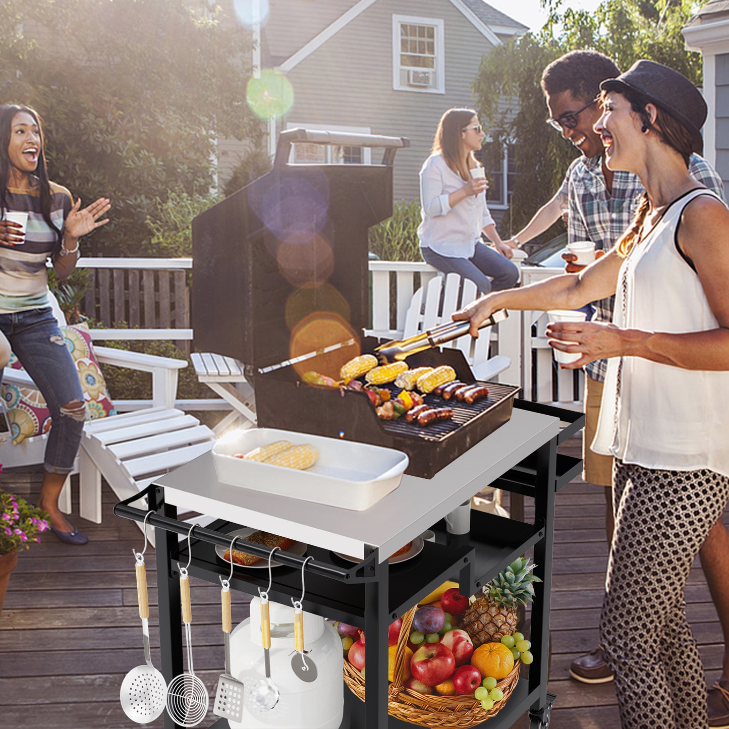 RAXSINYER Rolling Dining Table with Three-Shelf, Outdoor Grill Table&Cart, Garden Patio BBQ Kitchen Food Prep Cart, 20"x 32", Stainless Steel, Black