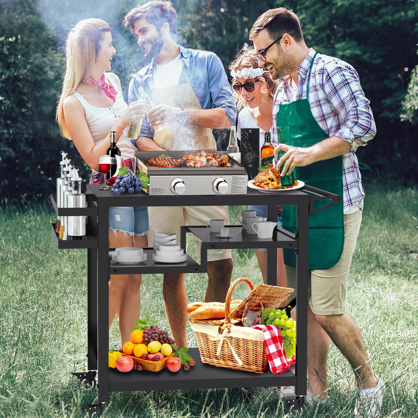 RAXSINYER Rolling Dining Table with Three-Shelf, Outdoor Grill Table&Cart, Garden Patio BBQ Kitchen Food Prep Cart, 20"x 32", Black