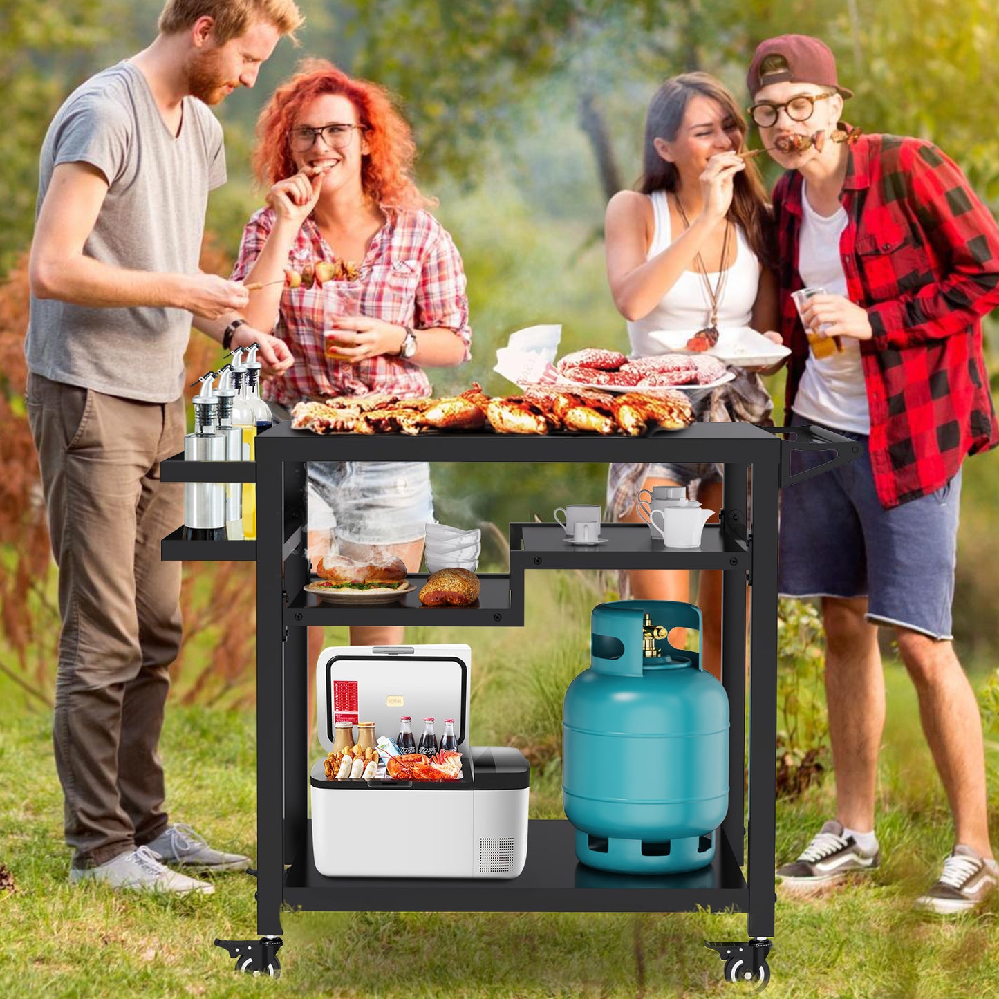 RAXSINYER Rolling Dining Table with Three-Shelf, Outdoor Grill Table&Cart, Garden Patio BBQ Kitchen Food Prep Cart, 20"x 32", Black