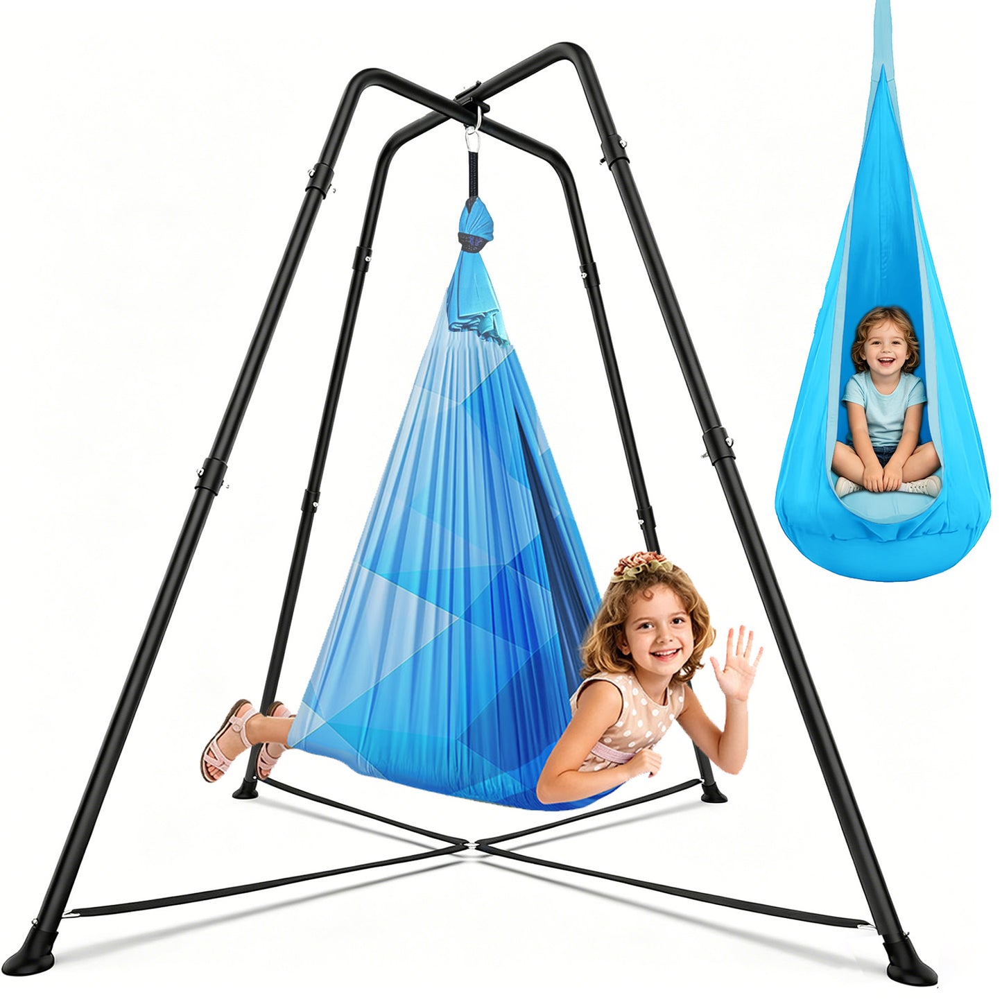 SEMOPRUS Sensory Swing Chair with Stand, X-Shaped Swing Frame with Set for Adults Indoor Outdoor, 330LBS Weight Capacity, Blue