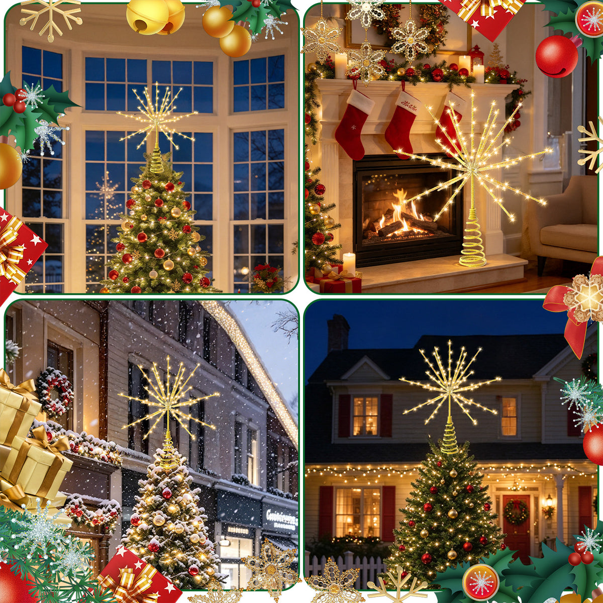 Yacona 15in Christmas Tree Star Topper with Lights, 150 LEDs Twinkling Tree Starburst Lights, Gold