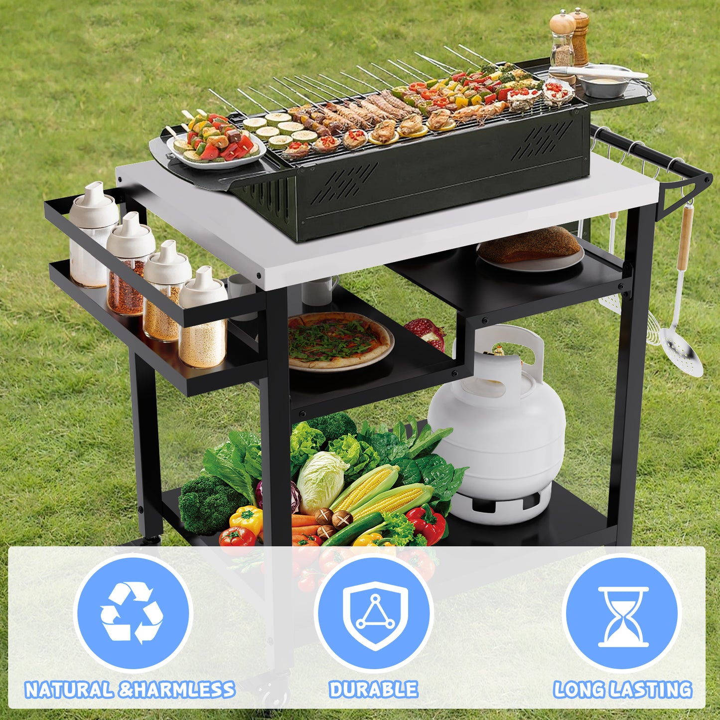 RAXSINYER Rolling Dining Table with Three-Shelf, Outdoor Grill Table&Cart, Garden Patio BBQ Kitchen Food Prep Cart, 20"x 32", Stainless Steel, Black