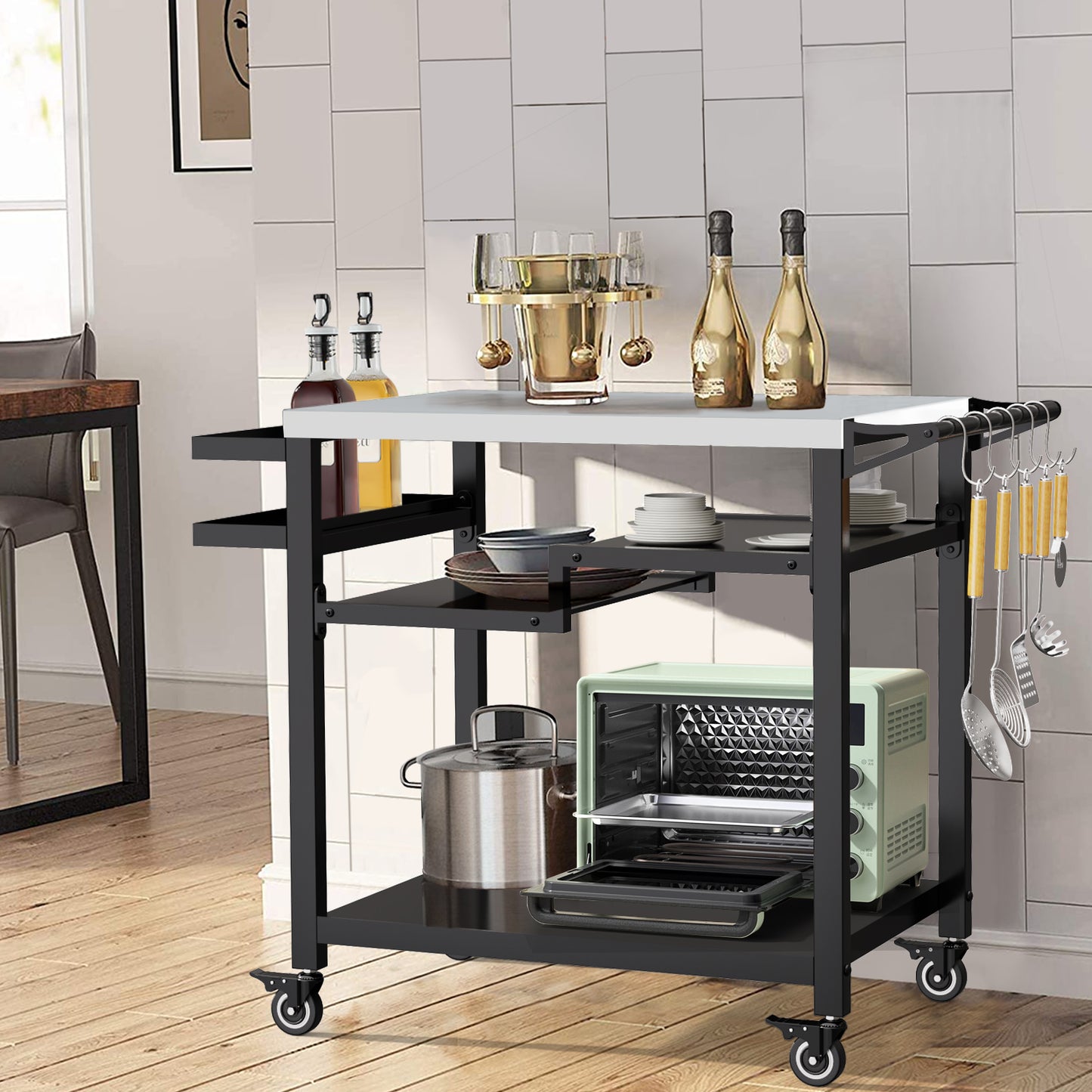 RAXSINYER Rolling Dining Table with Three-Shelf, Outdoor Grill Table&Cart, Garden Patio BBQ Kitchen Food Prep Cart, 20"x 32", Stainless Steel, Black
