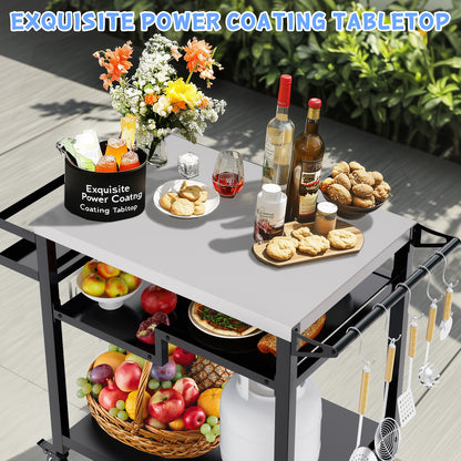 RAXSINYER Rolling Dining Table with Three-Shelf, Outdoor Grill Table&Cart, Garden Patio BBQ Kitchen Food Prep Cart, 20"x 32", Stainless Steel, Black