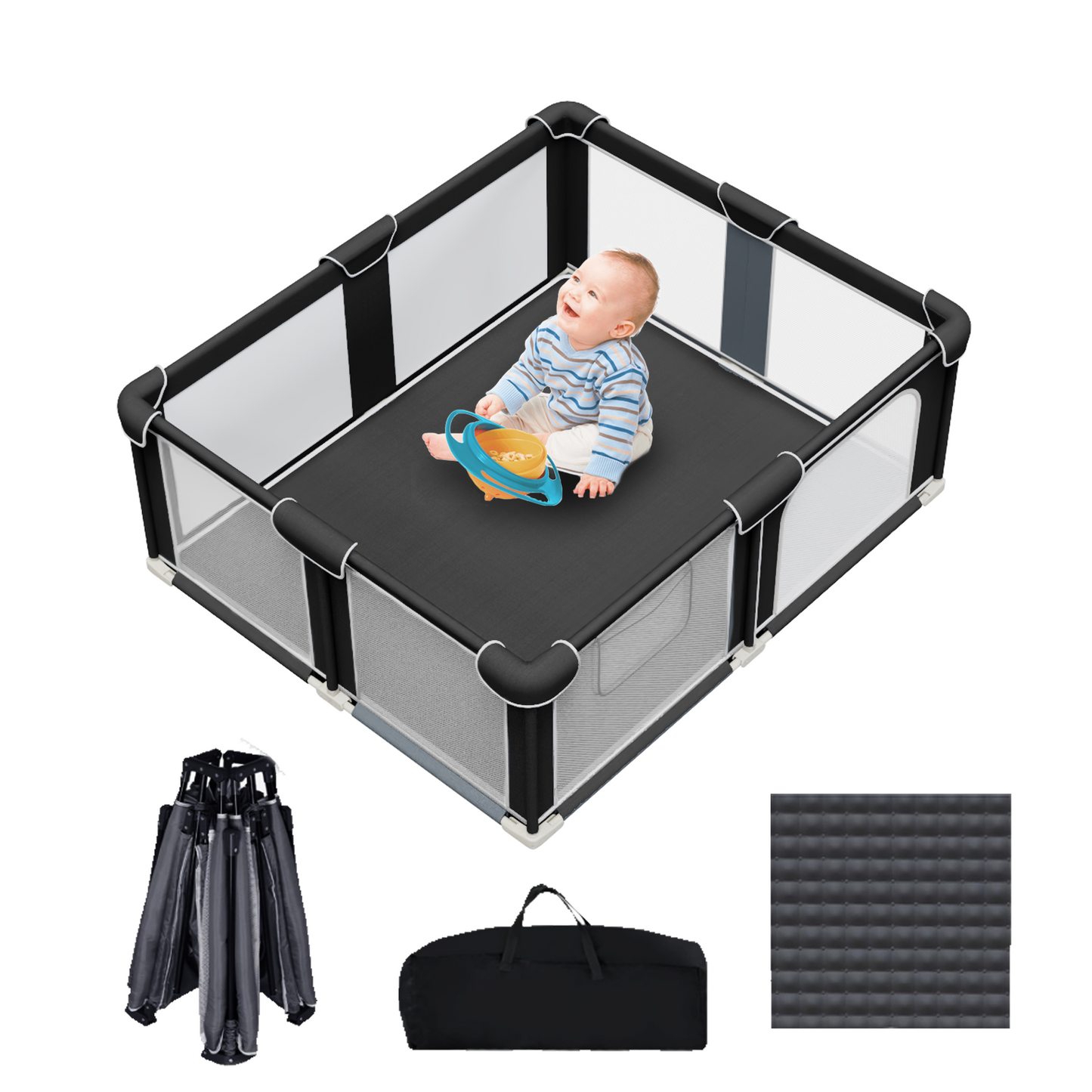 G TALECO GEAR Baby Playpen with Mat, Large Play Yard for Babies and Toddlers, Portable Baby Activity Center for Indoor & Outdoor, Black, Gray(50‘’×50‘’)
