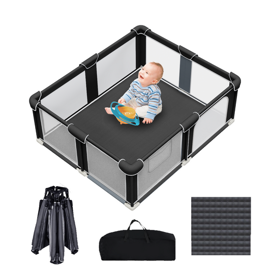 G TALECO GEAR Baby Playpen with Mat, Large Play Yard for Babies and Toddlers, Portable Baby Activity Center for Indoor & Outdoor, Black, Gray(50‘’×50‘’)