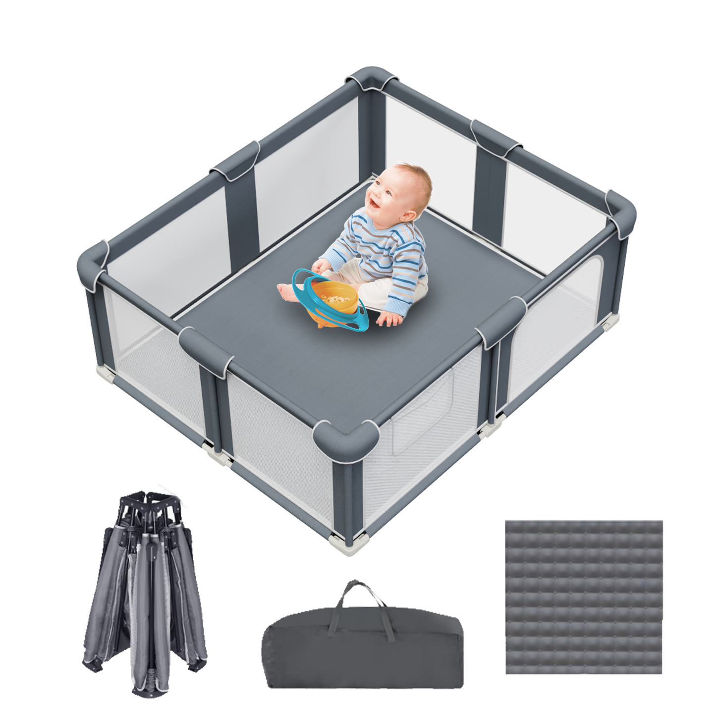 G TALECO GEAR Baby Playpen with Mat, Large Play Yard for Babies and Toddlers, Portable Baby Activity Center for Indoor & Outdoor, Black, Gray(50‘’×50‘’)