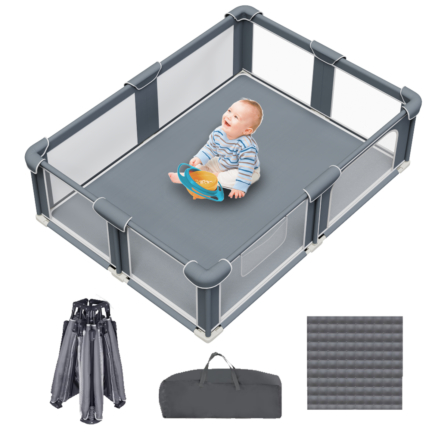 Baby Playpen with Mat, Large Play Yard for Babies and Toddlers, Portable Baby Activity Center for Indoor & Outdoor, Gray, (71‘’×79‘’)