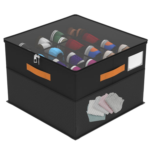 Shoe Organizer for Closet, Foldable Shoe Storage Containers with Clear Cover, Bottom Support, Fits up to 16 Pairs, Black