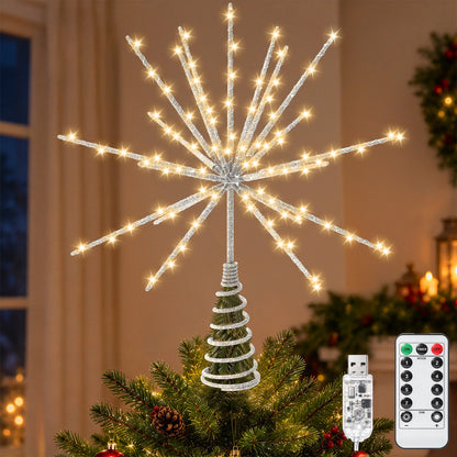Yacona 15in Christmas Tree Star Topper with Lights, 150 LEDs Twinkling Tree Starburst Lights, Sliver