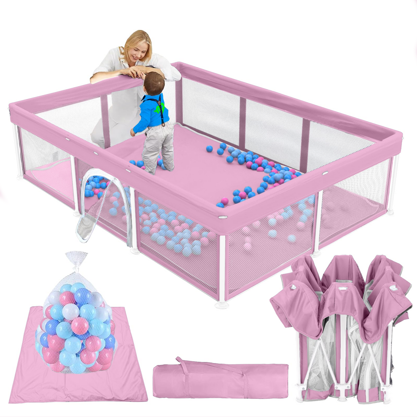 G TALECO GEAR Large Baby Playpen with Mat, Foldable Playpen for Babies and Toddlers, Portable Travel Play Yard, 50"x71", Pink