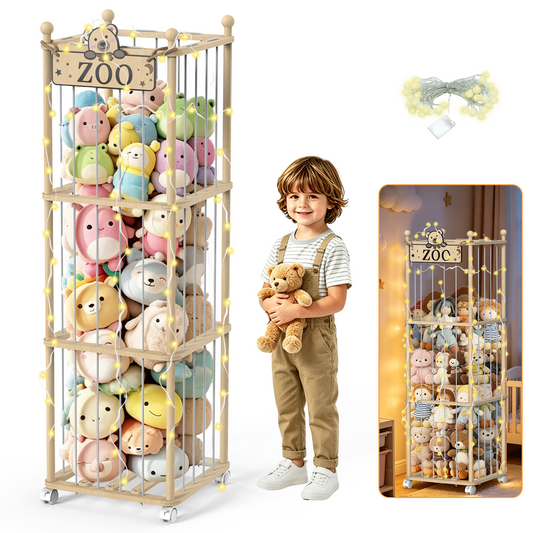 Semoprus Stuffed Animal Storage Zoo Extra Large Stuffed Animal Holder Space Save Toy Organizer with Wheels for Nursery Playroom Bedroom, Wood, Natural