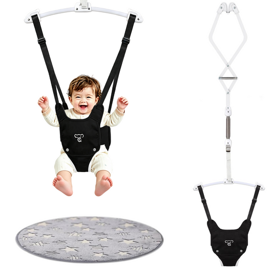 Semoprus Baby Jumper, Baby Doorway Jumper with Adjustable Strap, Protable Baby Jumpers and Bouncers, Easy to Assemble, Toddler Bouncer Jumper with Floor Mat, Black