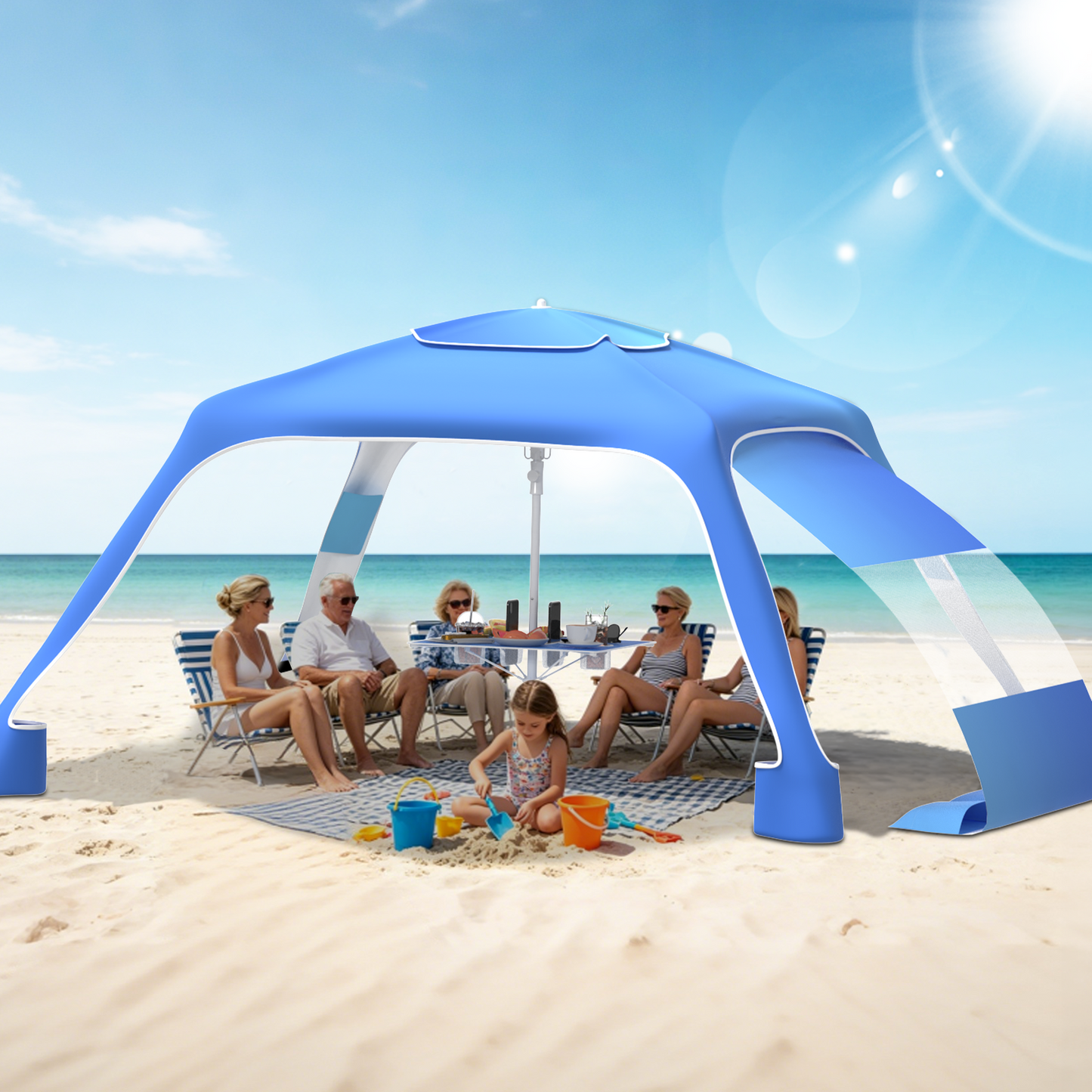 Yacona Beach Canopy Cabana with 4 Corners, 6.5'×6.5' Tent Sun Shelter, Adjustable Height Beach Umbrella Tent with Side Wall, Blue Gradient