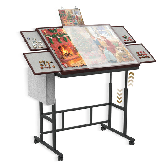 Jigsaw Puzzle Table for Adults with Drawers and Storage Pocket,5 Adjustable Up Level Mesa Gamer Tables for Adults with Legs and Wheels,Coffee Color