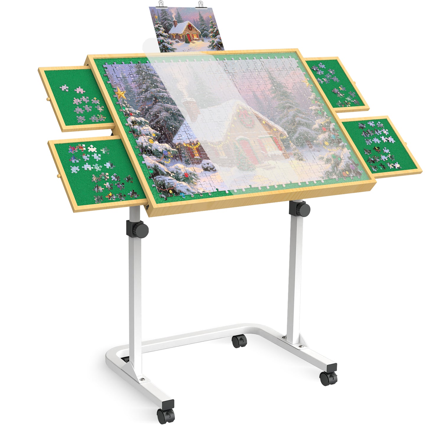 Felt Puzzle Table with Drawers 1000 Piece, Angle & Height Adjustable Jigsaw Puzzle Table with Metal Legs, Tilting Puzzle Board for Adults and for Birthday,White