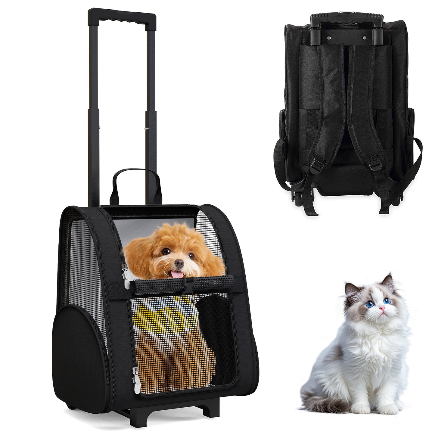 Pet Carrier Backpack with Wheels for Large/Small Cats and Dogs, Perfect for Traveling/Taking a Walk/Trips to The Vet, Black