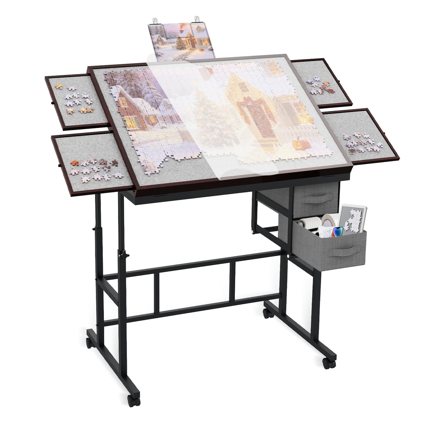 Jigsaw Puzzle Table 1500 Pieces with Drawer and Legs, Five Tilt Angle Adjustable, Portable Puzzle Table for Adults with Protective Cover, Coffee&Gray