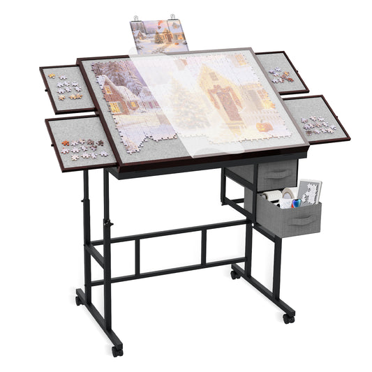 Jigsaw Puzzle Table 1500 Pieces with Drawer and Legs, Five Tilt Angle Adjustable, Portable Puzzle Table for Adults with Protective Cover, Coffee&Gray