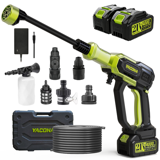 Yacona Cordless Pressure Washer, Power Washer with Battery&Charger, Electric Power Cleaner with 6-in-1 Nozzle, Green