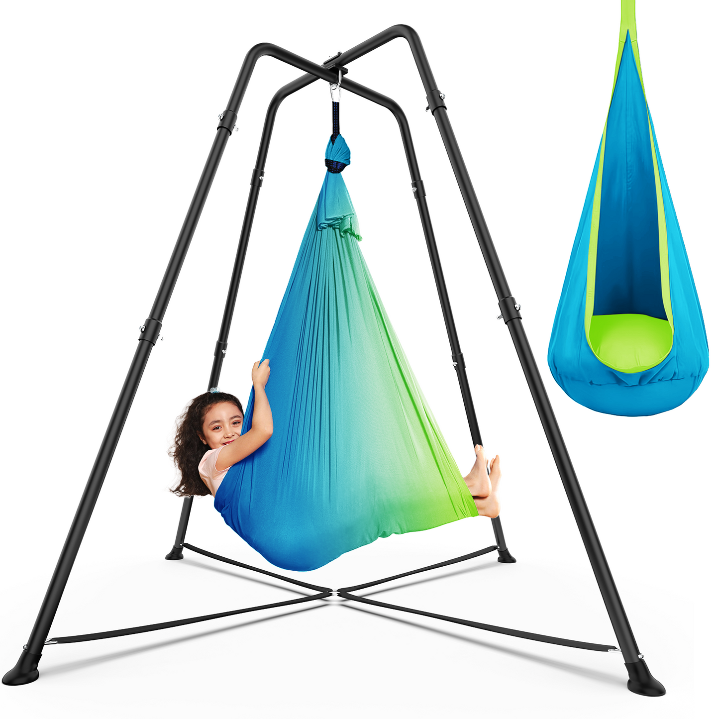 G TALECO GEAR Sensory Swing with Stand, Swing Frame with Pod Swing, Hammock Chair with Stand for Adults Outdoor, X-Shaped Swing Set for Backyard, Indoor Swing for Kids 330LBS, Lake Blue Gradient