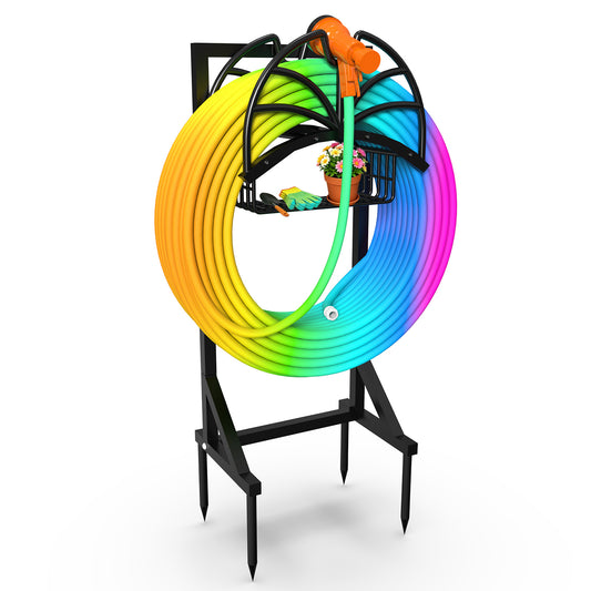 Yacona Garden Hose Holder, Freestanding Hose Storage Organizer, Heavy Duty Metal Water Reel Stand Hanger Rack with Storage Basket, Black
