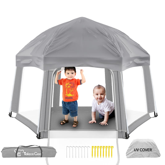 Baby Playpen with Canopy - Instant Pop-Up Portable Play Yard with Mat for Infants & Toddlers, Lightweight Foldable Indoor Outdoor Playpen Tent for Beach Camping Travel, Includes Carry Bag & Anchors