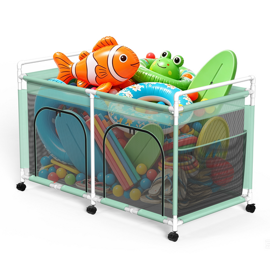 Semoprus Pool Float Storage - Rolling Mesh Pool Storage Bin for Noodles, Goggles, Floats & Balls, Large Outdoor Pool Toy Organizer with Wheels for Swimming Accessories, Cyan