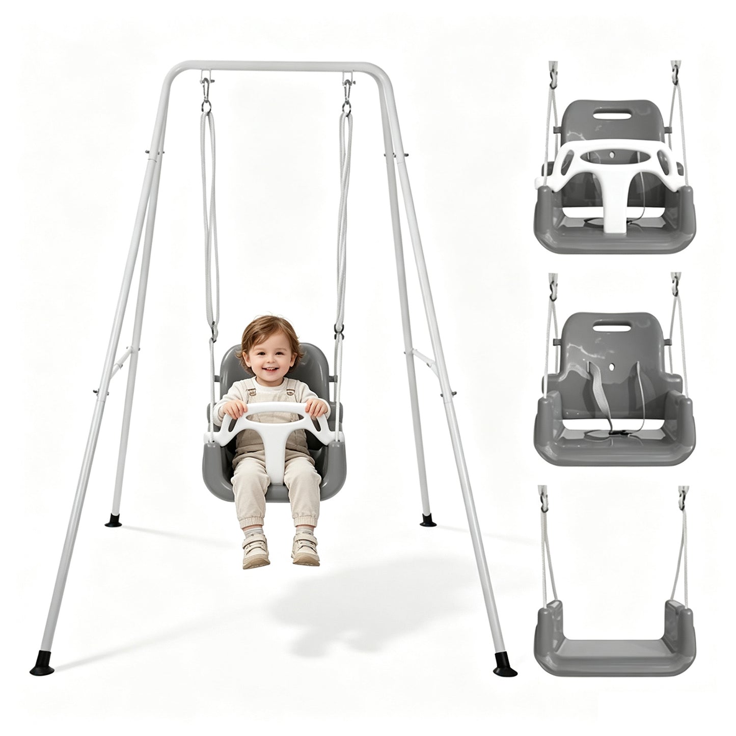 SEMOPRUS 3-in-1 Toddler Swing Set, Foldable Metal Stand Baby Swing with Safety Belt, Indoor & Outdoor Baby Seat for Backyard, Gray and White