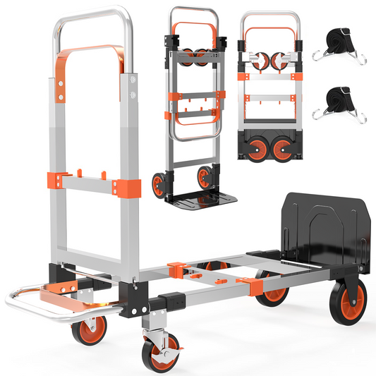Yacona Foldable Hand Truck, 3-in-1 Aluminum Collapsible Dolly Cart with 4 Rubber Wheels and Retractable Handle, Portable Moving Dolly, Orange