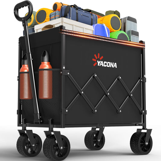 Yacona Wagons Carts Foldable, Large Capacity Collapsible Wagon, Heavy Duty Grocery Cart on Wheels, 450 Lbs, Black