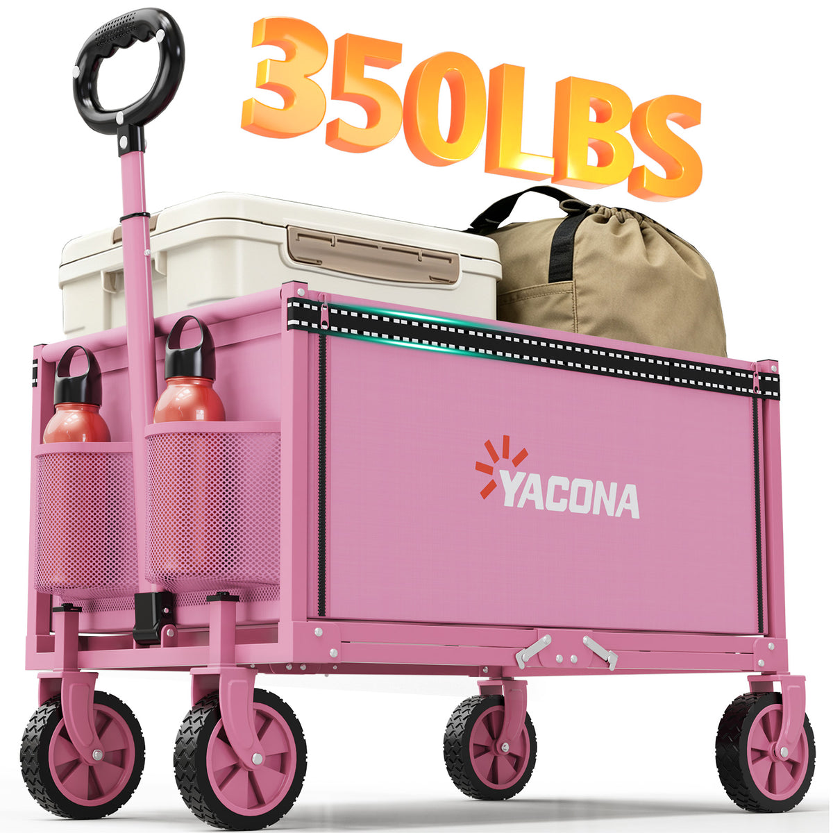Yacona 3 in 1 Wagons Carts Foldable, Heavy Duty Utility Cart with Wheels, Collapsible Wagon for Beach, Camping, Grocery and Garden, 450LBS, Pink