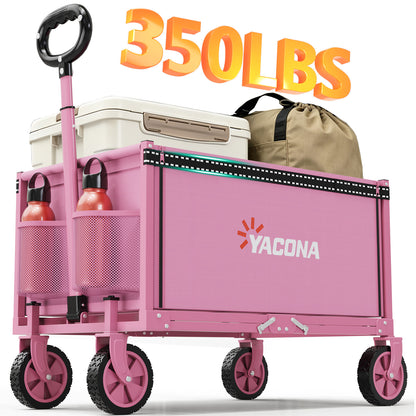 Yacona 3 in 1 Wagons Carts Foldable, Heavy Duty Utility Cart with Wheels, Collapsible Wagon for Beach, Camping, Grocery and Garden, 450LBS, Pink