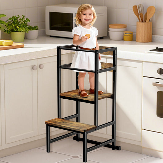 Semoprus Kitchen Step Stool for Toddler, Toddler Tower for Kids, 3-in-1 Wooden Stool with Safety Rail, Height Adjustable Iron-Frame , Brown