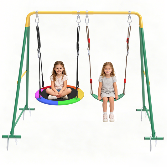 Semoprus Swing Sets for Backyard, Outdoor Toddler Swing with Heavy-Duty Metal Stand, Swing Playset for Kids, 440lbs, Saucer & Belt, Yellow & Green
