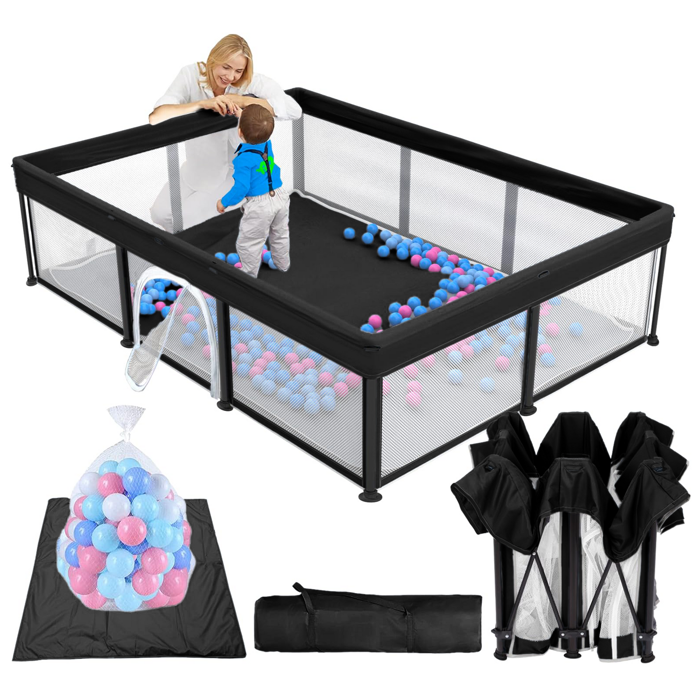 G TALECO GEAR Large Baby Playpen with Mat, Foldable Playpen for Babies and Toddlers, Portable Travel Play Yard, 50"x71", Black