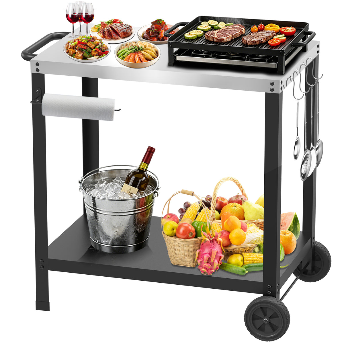 Yacona Outdoor Grill Cart for Blackstone Griddle, Stainless Steel Grill Tables for Outside, Kitchen Food Prep Table with Wheels, Pizza Oven Stand